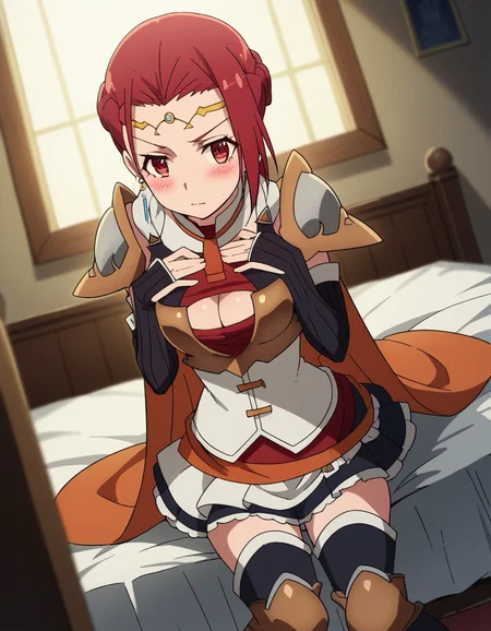 score_9, score_8_up, score_7_up, source_anime, <lora:pina-co-lada-s1s2-ponyxl-lora-nochekaiser:1>, pina co lada, short hair, red eyes, red hair, braid, single braid, braided ponytail, medium breasts,, skirt, thighhighs, cleavage, jewelry, earrings, detached sleeves, cape, armor, cleavage cutout, circlet,, indoors, bed, bed room, on side, blush, drunk,, , , hands on own chest,, solo,, cowboy shot, dutch angle