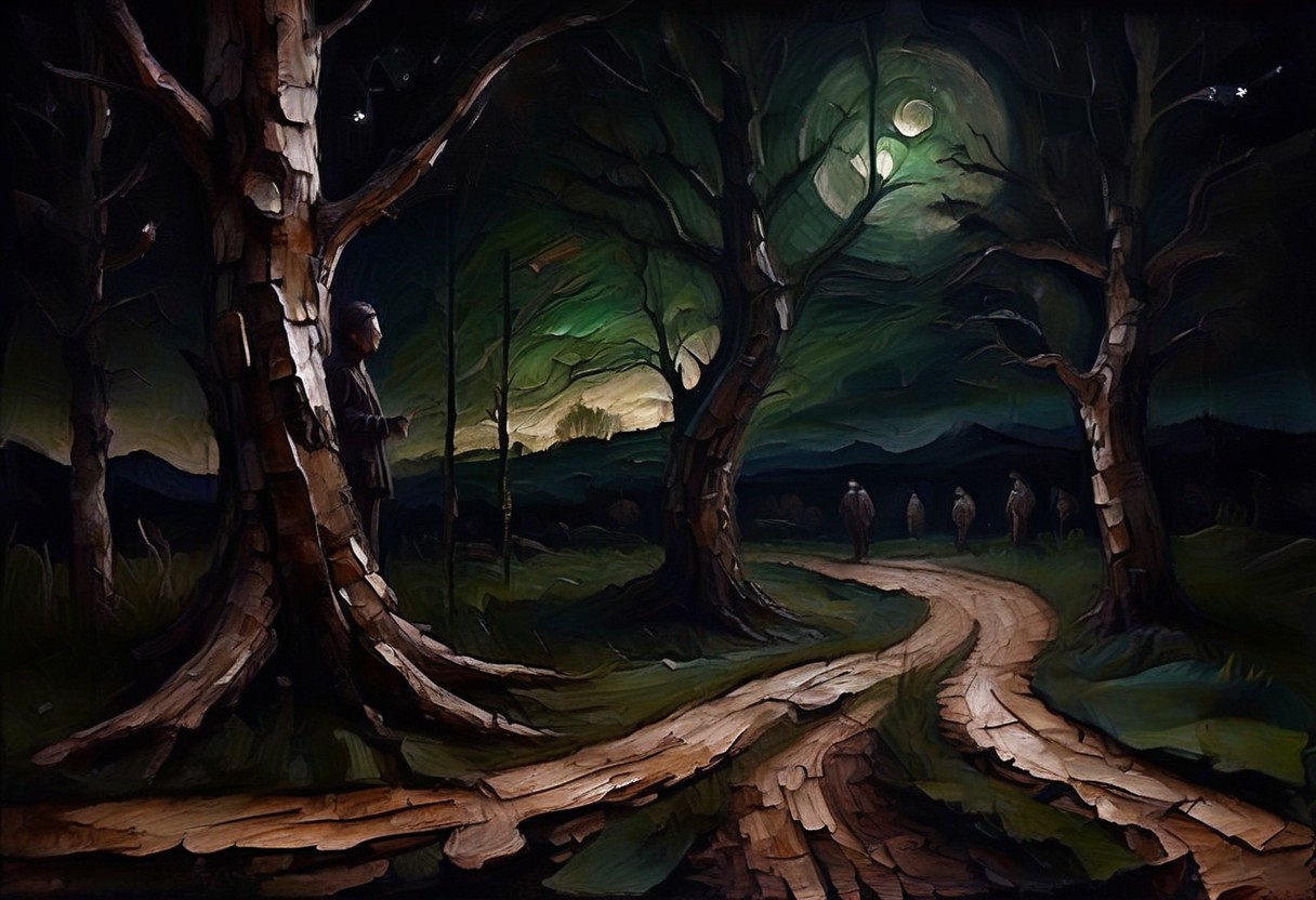 a surrealist painting of a dark meandering country road made out of (Jed-brk), night, birch trees, a dark human figure, green moonlight, swirly, ((((stars)))), dark-grasshrooms, dark, backlit, low key, sidelight, silhouette, depth of field, blurry foreground
