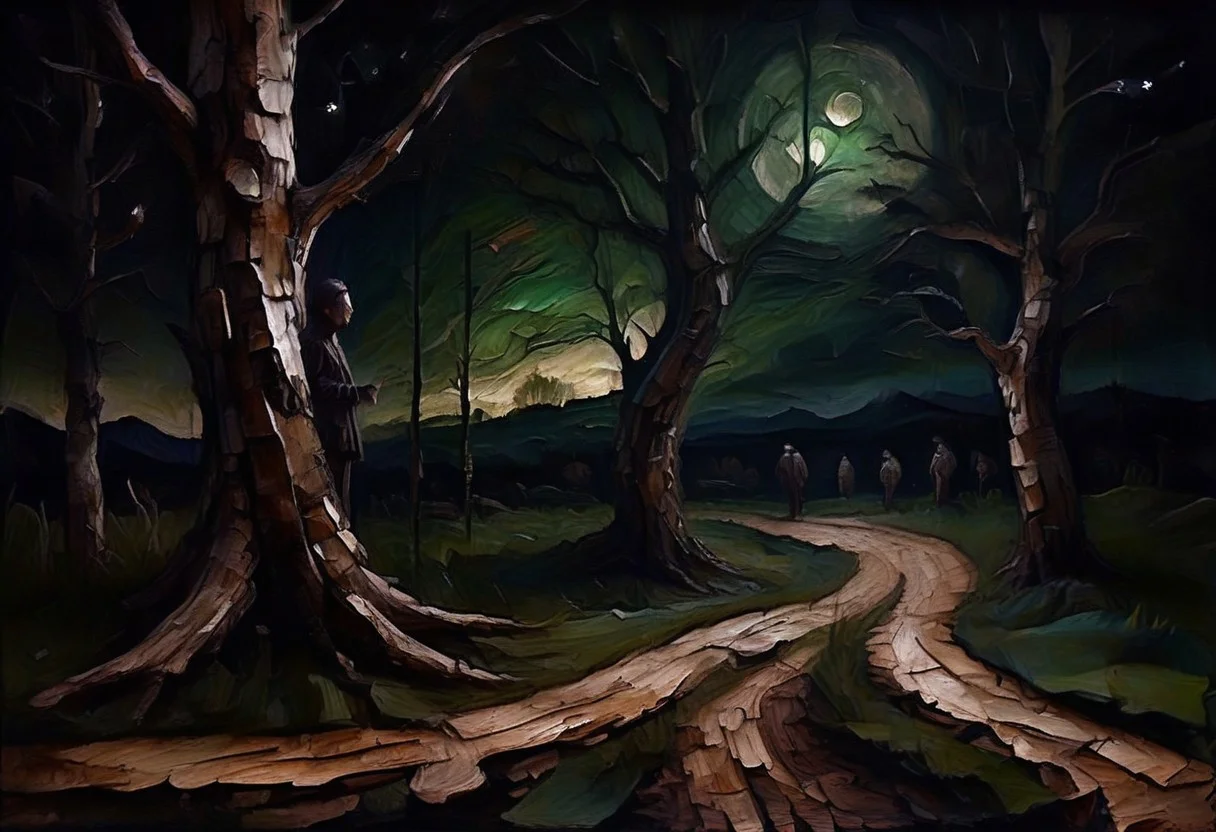 a surrealist painting of a dark meandering country road made out of (Jed-brk), night, birch trees, a dark human figure, green moonlight, swirly, ((((stars)))), dark-grasshrooms, dark, backlit, low key, sidelight, silhouette, depth of field, blurry foreground