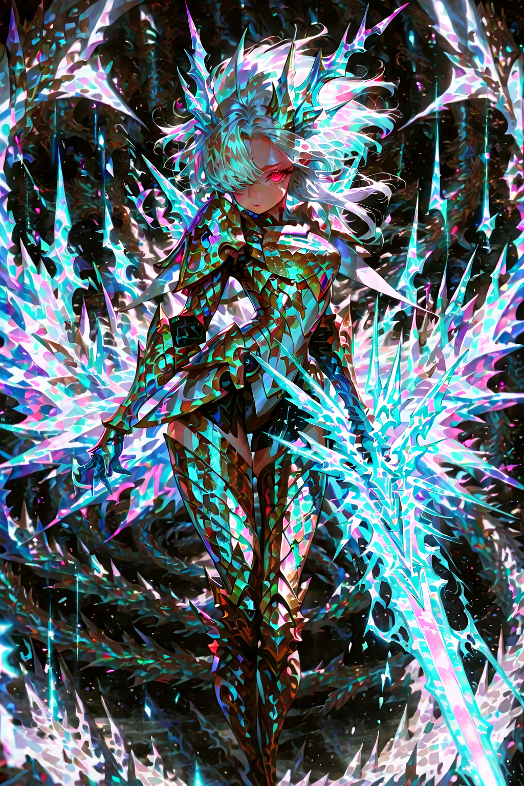USNR, runesword, solo, 1girl, looking at viewer, , dragon horn, fiery wings, crystal dragon girl, Red eyes, hair over one eye, forehead, rainbow hair, Ruby crystals, shoulder armor, energy sword, glowing Line, metal scales, brigandine \(armor\), harp focus, dynamic lighting, Depth of field,  4k wallpaper, cinematic angle, [(gray background:1.2)::0.2], (rim light background:1.2), (masterpiece, best quality), amazing quality, very aesthetic, absurdres, highres, newest, HDR, 8K, high detail RAW color art, intricate details, high contrast, detailed background, beautiful detailed, beautiful face, blight face, large pupil, eyelashes, brilliant skin, shiny skin, perfect hand, <lora:futtora-01:0.75> <lora:ponyv4_noob1_2_adamW:1> <lora:illustrious_quality_modifiers_masterpieces_v1:1> <lora:RuneSwordXL:0.9> <lora:rainbow-hair-01:1> <lora:USNR STYLE_XL_loha:1.25>