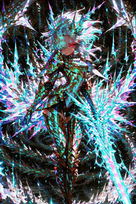 USNR, runesword, solo, 1girl, looking at viewer, , dragon horn, fiery wings, crystal dragon girl, Red eyes, hair over one eye, forehead, rainbow hair, Ruby crystals, shoulder armor, energy sword, glowing Line, metal scales, brigandine \(armor\), harp focus, dynamic lighting, Depth of field,  4k wallpaper, cinematic angle, [(gray background:1.2)::0.2], (rim light background:1.2), (masterpiece, best quality), amazing quality, very aesthetic, absurdres, highres, newest, HDR, 8K, high detail RAW color art, intricate details, high contrast, detailed background, beautiful detailed, beautiful face, blight face, large pupil, eyelashes, brilliant skin, shiny skin, perfect hand, <lora:futtora-01:0.75> <lora:ponyv4_noob1_2_adamW:1> <lora:illustrious_quality_modifiers_masterpieces_v1:1> <lora:RuneSwordXL:0.9> <lora:rainbow-hair-01:1> <lora:USNR STYLE_XL_loha:1.25>