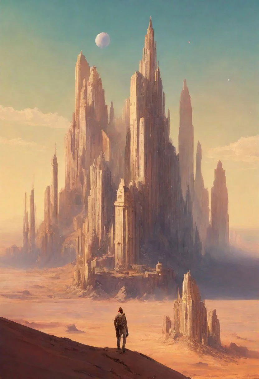 celestial sky, Loish, Leyendecker, james gilleard, celestial, ethereal, massive structure in distance, giant city, lost in desert