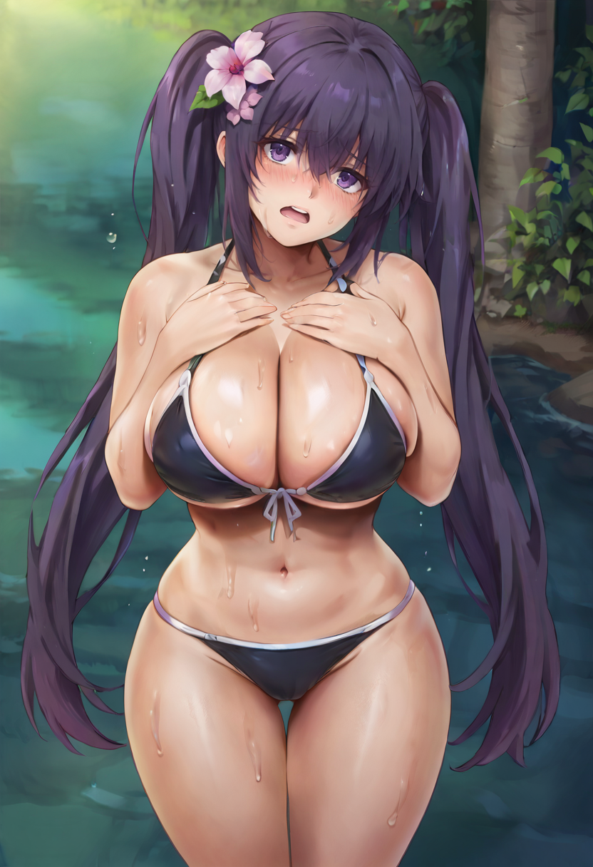 score_9, score_7_up,  1girl, 
huge breasts, wide hips, thick thighs, hands on own breasts, hair flower, blush, breasts, stomach, bikini, embarrassed, curvy, black bikini, navel, thighs, hair ornament, long hair, aroused, looking at viewer, open mouth, flower, twintails, collarbone, solo, very long hair, sweat, swimsuit, pink flower, purple hair, purple eyes, hair intakes, head tilt, cleavage
 <lora:cyclone_(reizei)-Style-PonyXL-GLoRA-000045:1>