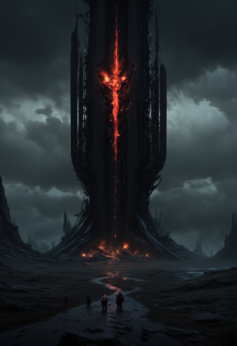 mythp0rt, masterpiece oil painting, landscape of a desolate volcanic plain, featuring a tall tower like a skyscraper, and a red gleaming eye reminiscent of the Eye of Sauron in the Lord of the Rings.  The landscape is blackened and scorched; figures in robes walk towards the eerie tower