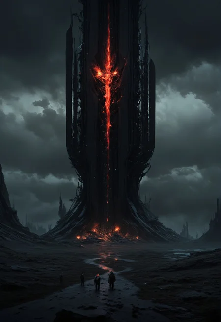 mythp0rt, masterpiece oil painting, landscape of a desolate volcanic plain, featuring a tall tower like a skyscraper, and a red gleaming eye reminiscent of the Eye of Sauron in the Lord of the Rings. The landscape is blackened and scorched; figures in robes walk towards the eerie tower