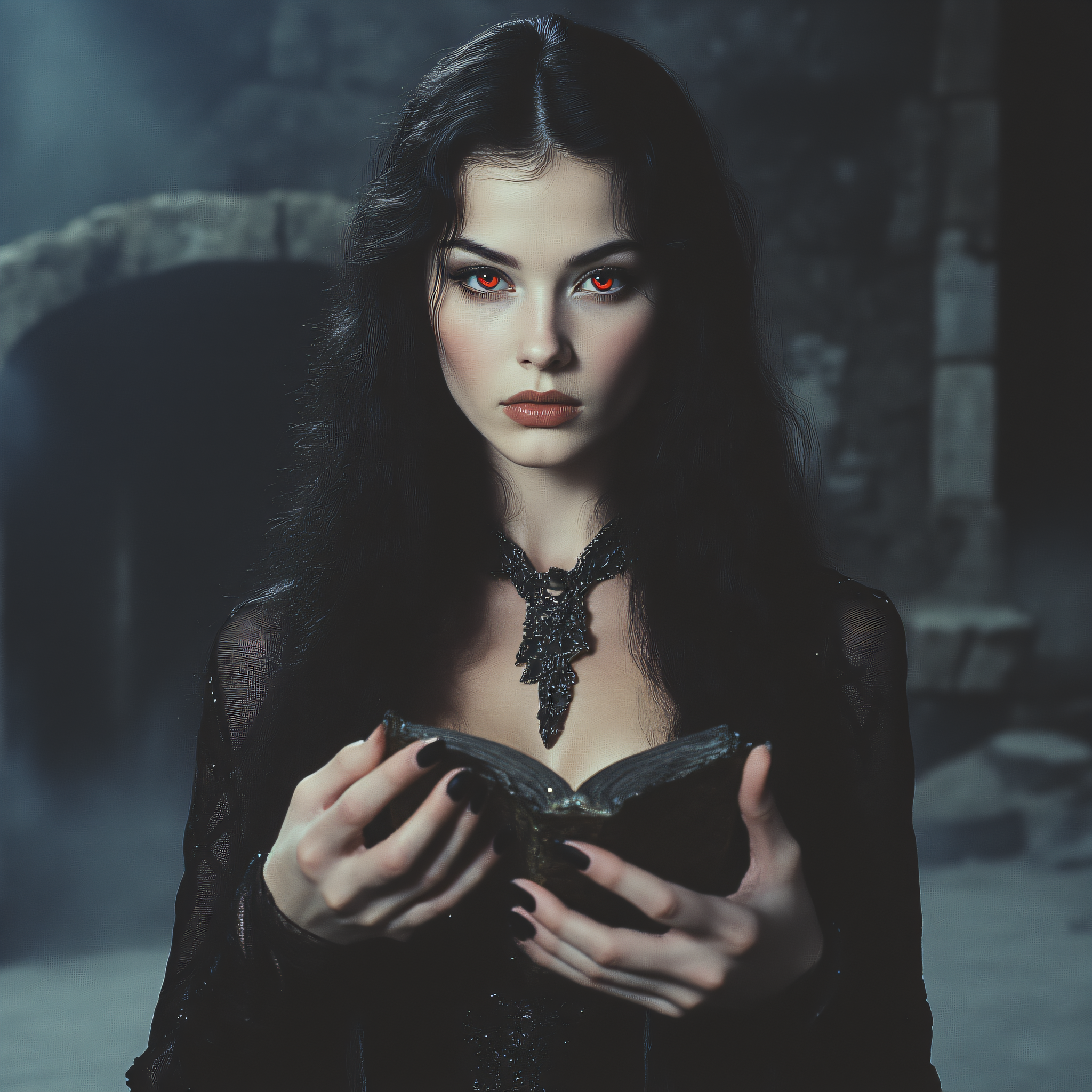 ArsMovieStill, 80s Fantasy Movie Still, The image is a portrait of a woman with long dark hair and red eyes. She is wearing a black dress with a high neckline and long sleeves. The woman is holding an open book in her hands and appears to be engrossed in it. The background is dark and cloudy with a stone archway visible in the distance. The overall mood of the image is mysterious and eerie., 1girl, black hair, red eyes, solo, long hair, book, black nails, looking at viewer, open book, nail polish