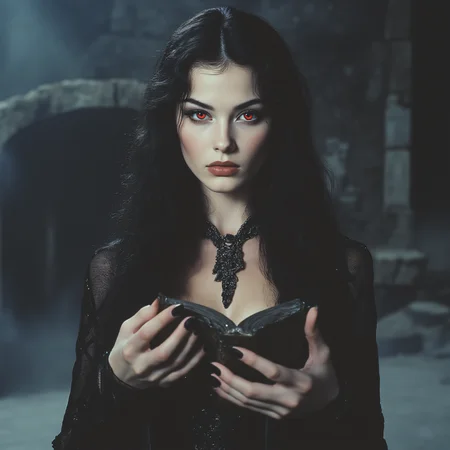 ArsMovieStill, 80s Fantasy Movie Still, The image is a portrait of a woman with long dark hair and red eyes. She is wearing a black dress with a high neckline and long sleeves. The woman is holding an open book in her hands and appears to be engrossed in it. The background is dark and cloudy with a stone archway visible in the distance. The overall mood of the image is mysterious and eerie., 1girl, black hair, red eyes, solo, long hair, book, black nails, looking at viewer, open book, nail polish