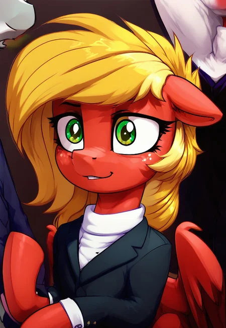 Pony, pegas, red skin, yellow hair, green eyes, long hair, 1 in frame, hooves, Jetelmen's suit, sime,