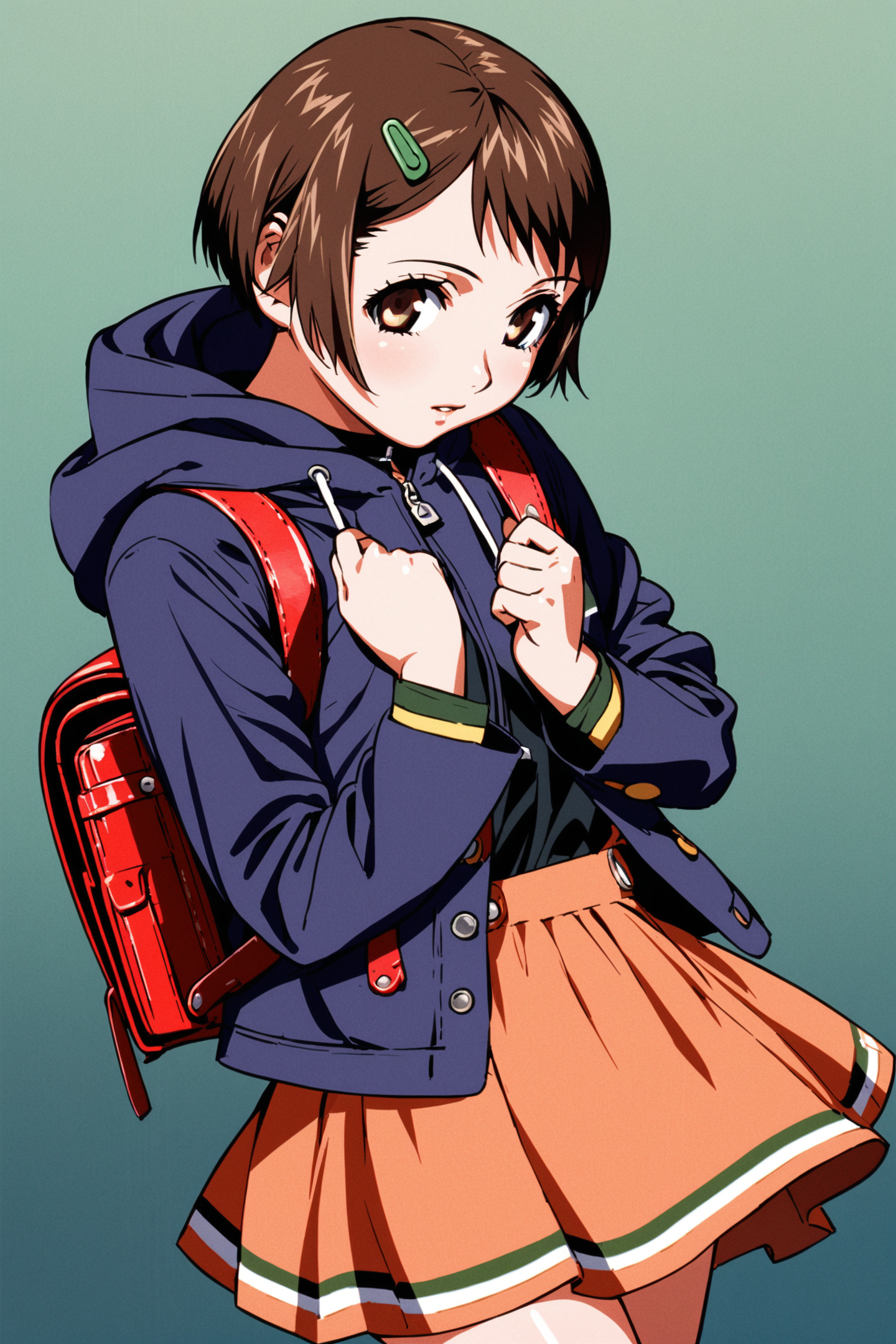 Asami Igarashi,1girl,solo,bag,backpack,hair ornament,short hair,hairclip,brown hair,skirt,hood,randoseru,jacket,brown eyes,<lora:Yasuomi Umetsu_XL:0.8>,
