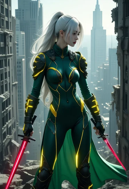 Create an image of a 20-year-old woman, standing at a height of 180 cm, with an athletic build. She has long, snow-white hair and slightly pale skin. She is dressed in a form-fitting dark green suit that features armored elements glowing with yellow neon light. In each hand, she wields a katana, with the blades glowing red. The setting is the 40th floor of a ruined skyscraper, with shattered walls and broken windows all around. The girl gazes out at the devastated city towards the viewer, and her hair gently billows in the wind. HKMagic, <lora:fantasywizardwitchesfluxv2-000001:1>, <lora:elden_ring_-_yoshitaka_amano:0.4>, <lora:dever_flux_enhancer:0.5>, <lora:fredfraistyle-flux-share:0.9>.