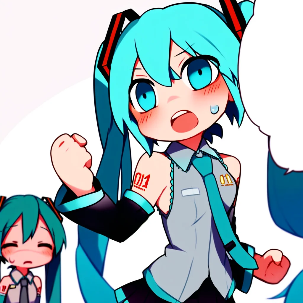 score_8, score_8_up, score_7_up, source_anime, 2girls, female focus, yuri_conquer, chibi, multiple girls, open mouth, :D, blush, clenched hand, speech bubble, blank speech bubble, closed eyes, ^_^, sweatdrop, hatsune miku, twintails,necktie, collared shirt, sleeveless, detached sleeves, tattoo, aqua hair, skirt, pleated skirt, simple background, white background