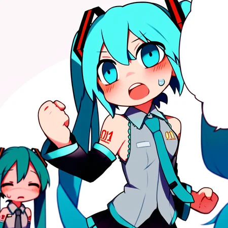 score_8, score_8_up, score_7_up, source_anime, 2girls, female focus, yuri_conquer, chibi, multiple girls, open mouth, :D, blush, clenched hand, speech bubble, blank speech bubble, closed eyes, ^_^, sweatdrop, hatsune miku, twintails,necktie, collared shirt, sleeveless, detached sleeves, tattoo, aqua hair, skirt, pleated skirt, simple background, white background