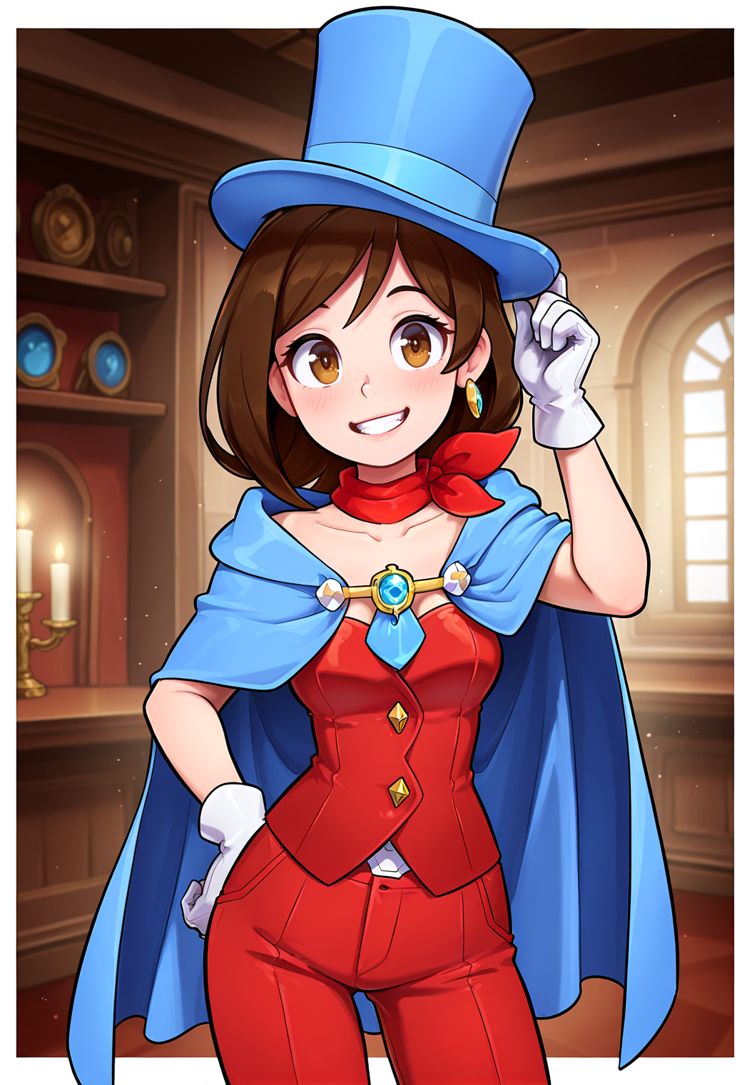 IllustriousQual <lora:StS-Illustrious-Detail-Slider-v1.0:2> <lora:cfg_scale_boost:0.3>,detailed_background,indoors,blush stickers,earrings,medium hair,pants,red scarf,blue hat,gem,ace attorney,1boy,shirt,hat,outside border,black dress,collared shirt,strapless dress,jewelry,white shirt,apollo justice: ace attorney,apollo justice,nanase \(trfok1\),cape,vest,dress,blue eyes,lapel pin,brown hair,top hat,blue necktie,collarbone,cowboy shot,red pants,antenna hair,highres,1girl,red vest,white gloves,trucy wright,single earring,smile,necktie,blue cape,scarf,strapless,gloves,white border,brown eyes,border