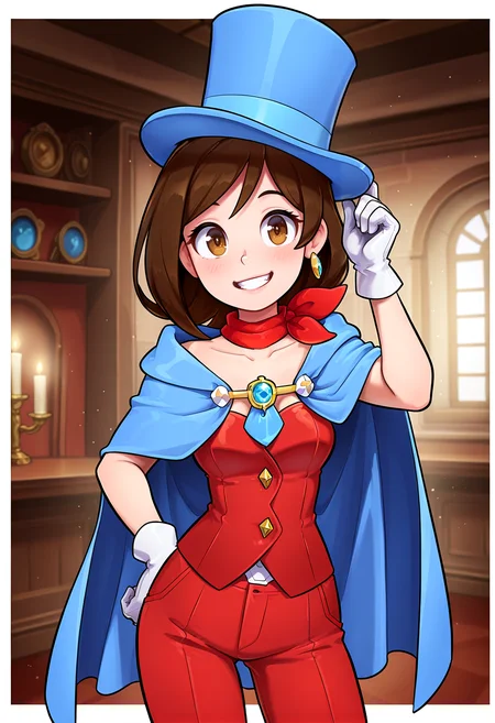 IllustriousQual <lora:StS-Illustrious-Detail-Slider-v1.0:2> <lora:cfg_scale_boost:0.3>,detailed_background,indoors,blush stickers,earrings,medium hair,pants,red scarf,blue hat,gem,ace attorney,1boy,shirt,hat,outside border,black dress,collared shirt,strapless dress,jewelry,white shirt,apollo justice: ace attorney,apollo justice,nanase \(trfok1\),cape,vest,dress,blue eyes,lapel pin,brown hair,top hat,blue necktie,collarbone,cowboy shot,red pants,antenna hair,highres,1girl,red vest,white gloves,trucy wright,single earring,smile,necktie,blue cape,scarf,strapless,gloves,white border,brown eyes,border