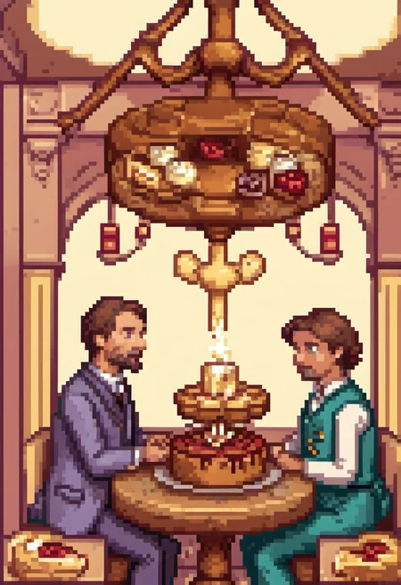 pixel art, digital art, A hyperrealistic scene of desserts personified as philosophers: a cheesecake Aristotle debates with a flambéed crème brûlée Nietzsche under the soft glow of a café chandelier. The setting is a Parisian patisserie, rendered in Art Nouveau style. Detailed textures emphasize the creamy surfaces and caramelized crusts. The humorous yet intellectual composition explores the paradox of indulgence versus restraint.