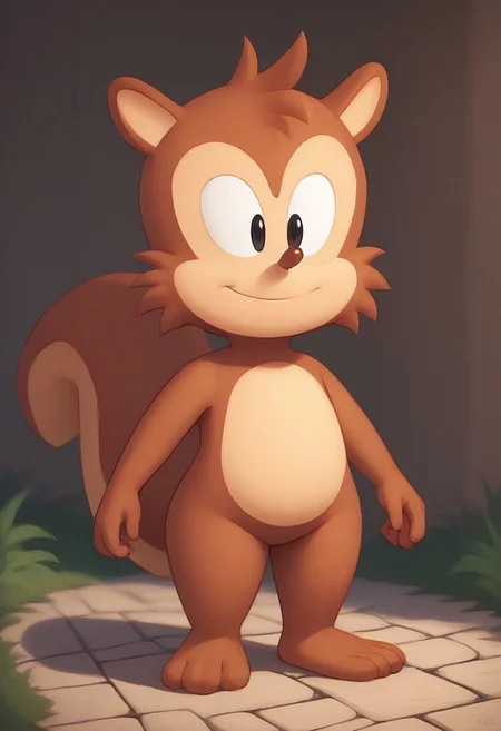 score_9, score_8_up, score_7_up, (best quality, adorable), ultra-detailed, high resolution, 8k, Ricky the Squirrel, brown fur, black eyes, big brown tail, high quality, masterpiece, wide hips)), BREAK outside, Rich, Detailed background, ambient light