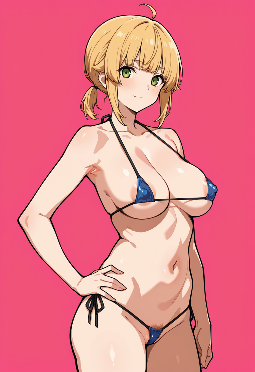 masterpiece, best quality,
1girl, solo, cowboy shot,
standing, hand on own hip,
looking at viewer, light smile,
<lora:Norn_Greyrat:1> N0rnGr31r4t, blonde hair, ahoge, sidelocks, bangs, short hair, ponytail, green eyes, 
simple background, pink background,           micro bikini, pubic hair peek, areola slip, covered nipples,