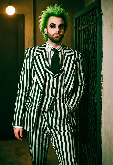 bjzzs, 1boy,suit, standing, jacket, beard, pinstripe pattern, vertical stripes, long sleeves, necktie, green hair, pants, shirt, striped, formal, prison clothes, poltergeist vibes, beetlejuice beetlejuice beetlejuice, Lomo, Shot on 70mm, Warm Color Palette, Kodachrome, ProPhoto RGB, Rim Lights, Backlight, Natural Lighting, masterpiece, official photography, best poltergeist, best quality
