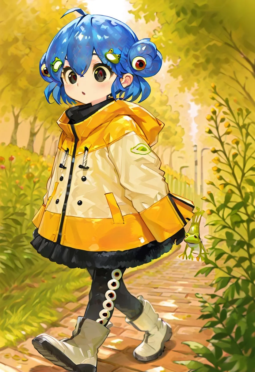 masterpiece, newest,absurdres,incredibly absurdres, best quality, amazing quality, very aesthetic, , depth of field, blurry foreground,
,chibi,cute, kerchanlu, colorful, anime-style,blue hair,hair betwen eyes, short hair,double buns, hair buns, hair ornament, frog hair ornament, eyes on hair buns, big eyes, black eyes, red pupils,yellow and white jacket, multicolored jacket, jacket over dress, black dress, black skirt, black leggings, eye pattern leggings,fur trim, white boots, frog plush, eye decorations, whimsical aesthetic, full body, walking, green hills,