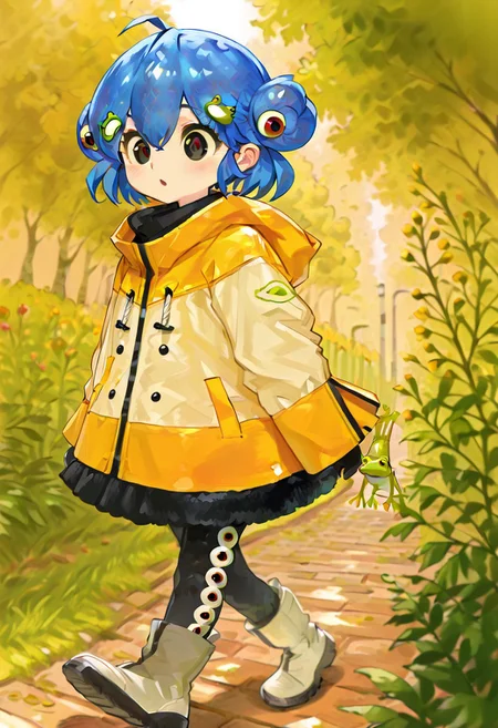 masterpiece, newest,absurdres,incredibly absurdres, best quality, amazing quality, very aesthetic, , depth of field, blurry foreground,
,chibi,cute, kerchanlu, colorful, anime-style,blue hair,hair betwen eyes, short hair,double buns, hair buns, hair ornament, frog hair ornament, eyes on hair buns, big eyes, black eyes, red pupils,yellow and white jacket, multicolored jacket, jacket over dress, black dress, black skirt, black leggings, eye pattern leggings,fur trim, white boots, frog plush, eye decorations, whimsical aesthetic, full body, walking, green hills,