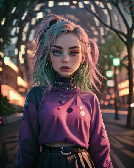 1girl, belt, chain-link fence, earrings, eyeshadow, graffiti, holding instrument, instrument, long hair, makeup, mole, piercing, pink hair, purple eyes, skirt, solo, staff \(music\), star \(symbol\), starry sky, tattoo, tree
<lora:Street_Art_Portrait:0.9> (street_art_portrait:1.5)
<lora:LCM_LoRA_Weights_SD15:1>