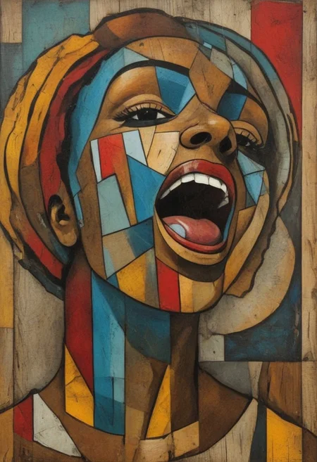 CubismStrokes, depict an afrofuturist black girl laughing, painted in a Cubist style, on a vintage wood panel background, in the style of microphotography, Use angular lines, fragmented forms, and overlapping perspectives to create a sense of movement and rhythm. Incorporate bold colors like reds, blues, and yellows to give the piece energy, reminiscent of works by Lyubov Popova