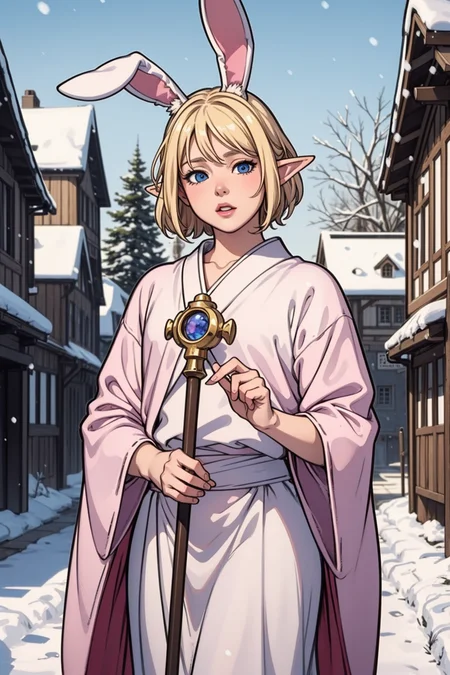 (masterpiece, best quality, detailed, beautiful, realistic),
1boy, elf, young, cute, adorable, effeminate, (big bunny ears:1.2), pink and white mage robe, otoko no ko, slender, slim, small, holding staff, (blonde hair, blue eyes),
medieval town, snow,
<lora:weight_slider_v2:1.4>, <lora:gender_slider_v1:0.8>