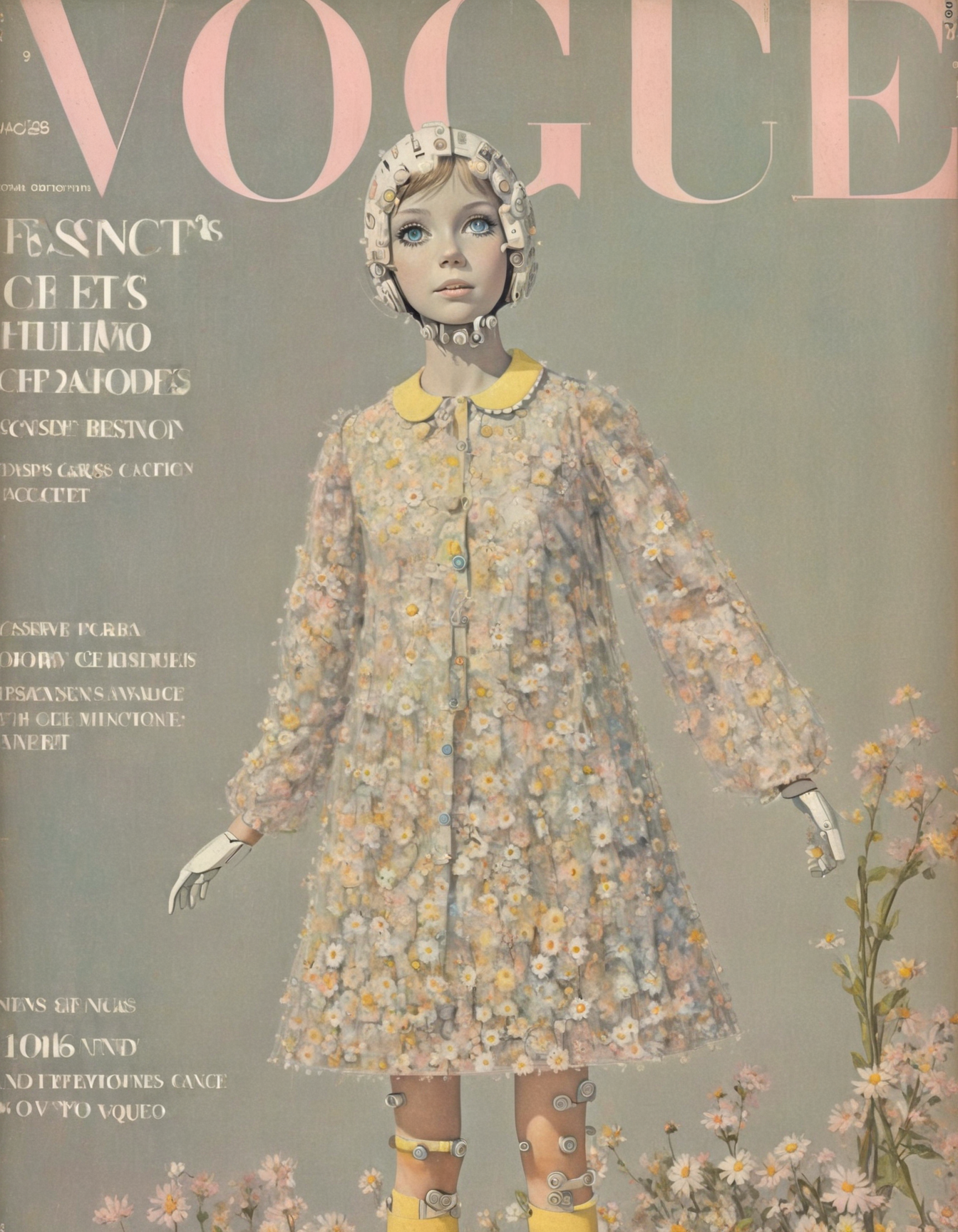 cute (robot:1.45) She, shift dresses with Peter Pan collars, pastel hues, daisy motifs, innocence and grace, youth revolution, Seventeen Magazine Cover, whimsical innocence.,highly intricate,(VOGUE Cover Magazine:1.15),1968, 60s, black letters, hyper detailed, photorealistic,,