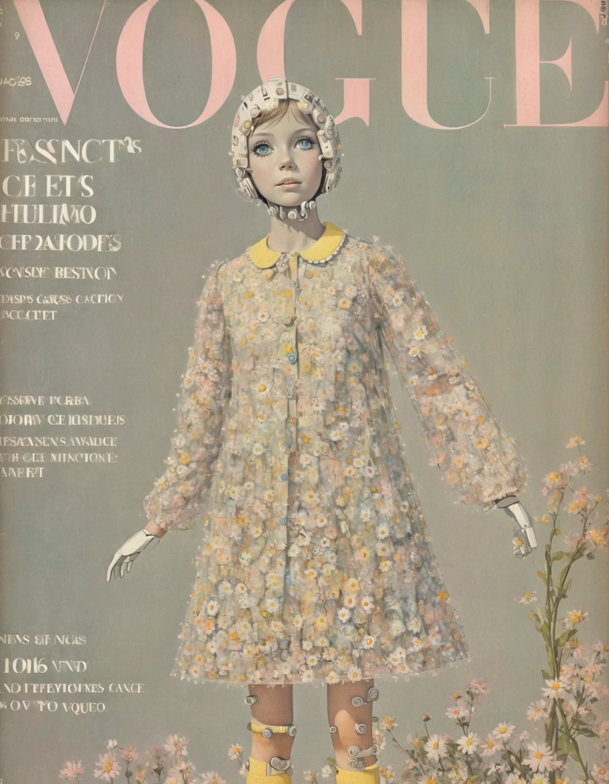 cute (robot:1.45) She, shift dresses with Peter Pan collars, pastel hues, daisy motifs, innocence and grace, youth revolution, Seventeen Magazine Cover, whimsical innocence.,highly intricate,(VOGUE Cover Magazine:1.15),1968, 60s, black letters, hyper detailed, photorealistic,,