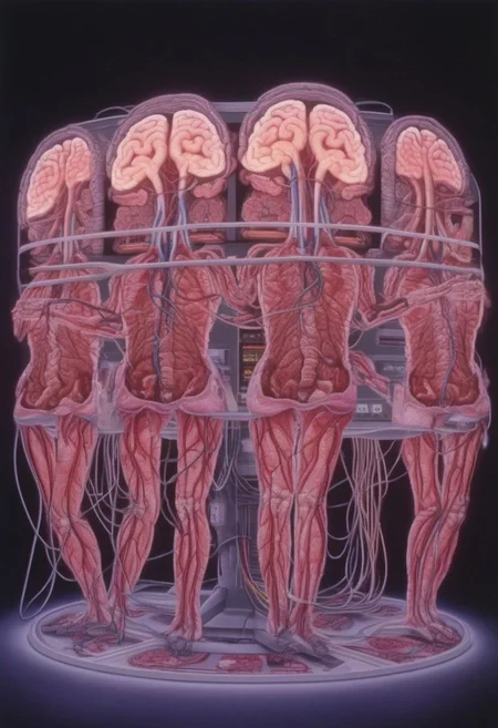crt style tvs sets multiple human brains emerging from 5 women glowing massive amounts of intestines and cables woven together inside multiple modern television sets in technology warehouse