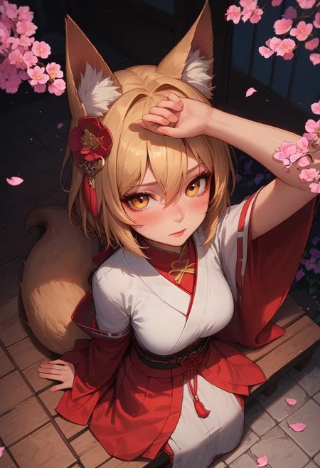 score_9_up, score_8_up, score_7_up, score_6_up, 1girl, 25 years old, perfect face, cute, petite,
yellow eyes, fox girl, fox tail,
blonde hair, animal ears, fox ears, animal ear fluff, hair ornament, hair flower, hair between eyes, short hair,
miko, japanese clothes, ribbon mesh sleeves,
cherry blossoms, arm up,
sitting, from above, dynamic pose, dynamic angle,
blush,