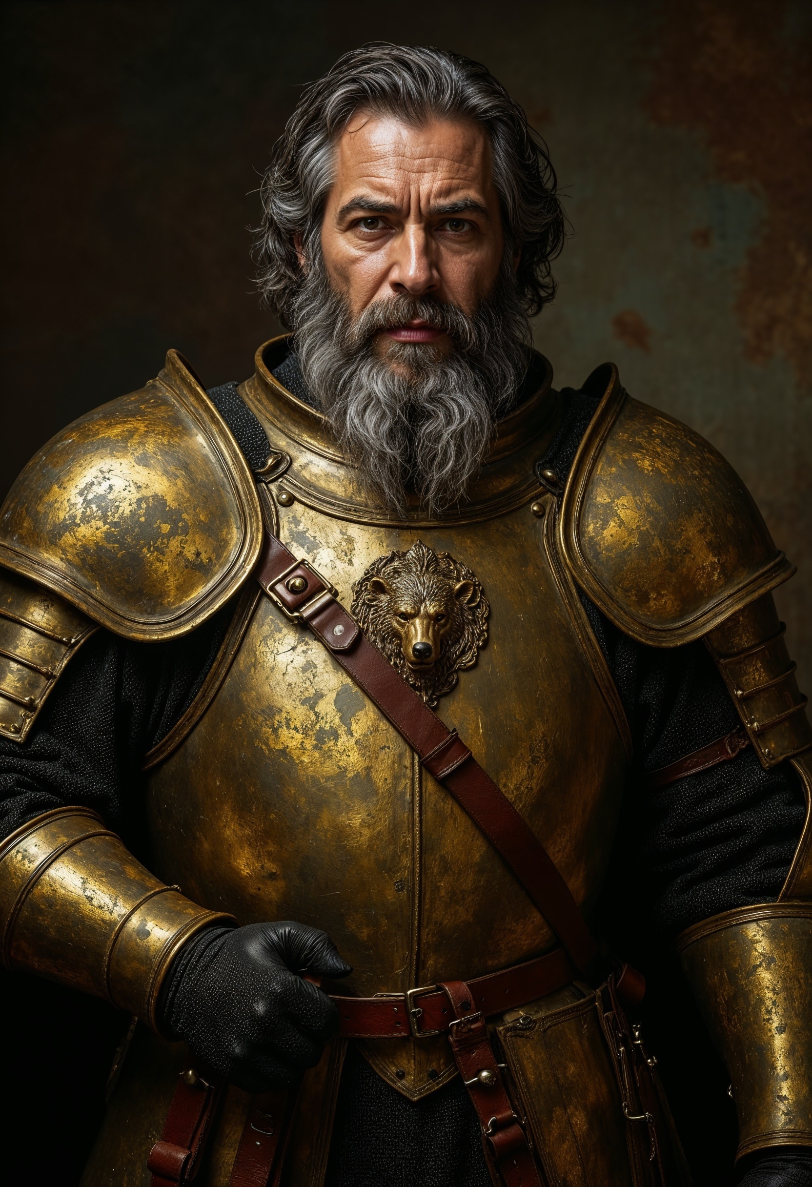 R3alism, A distinguished middle-aged captain of the guards stands in full regalia, exuding authority and experience. His striking eyes command attention, contrasting with his neatly cropped gray beard and chestnut curly hair. The bear crest on his armor symbolizes his strength and loyalty. This vivid portrayal, whether a painting or photograph, captures the essence of a formidable and respected knight in exquisite detail and quality.  <lora:FluxMythR3alism:1>