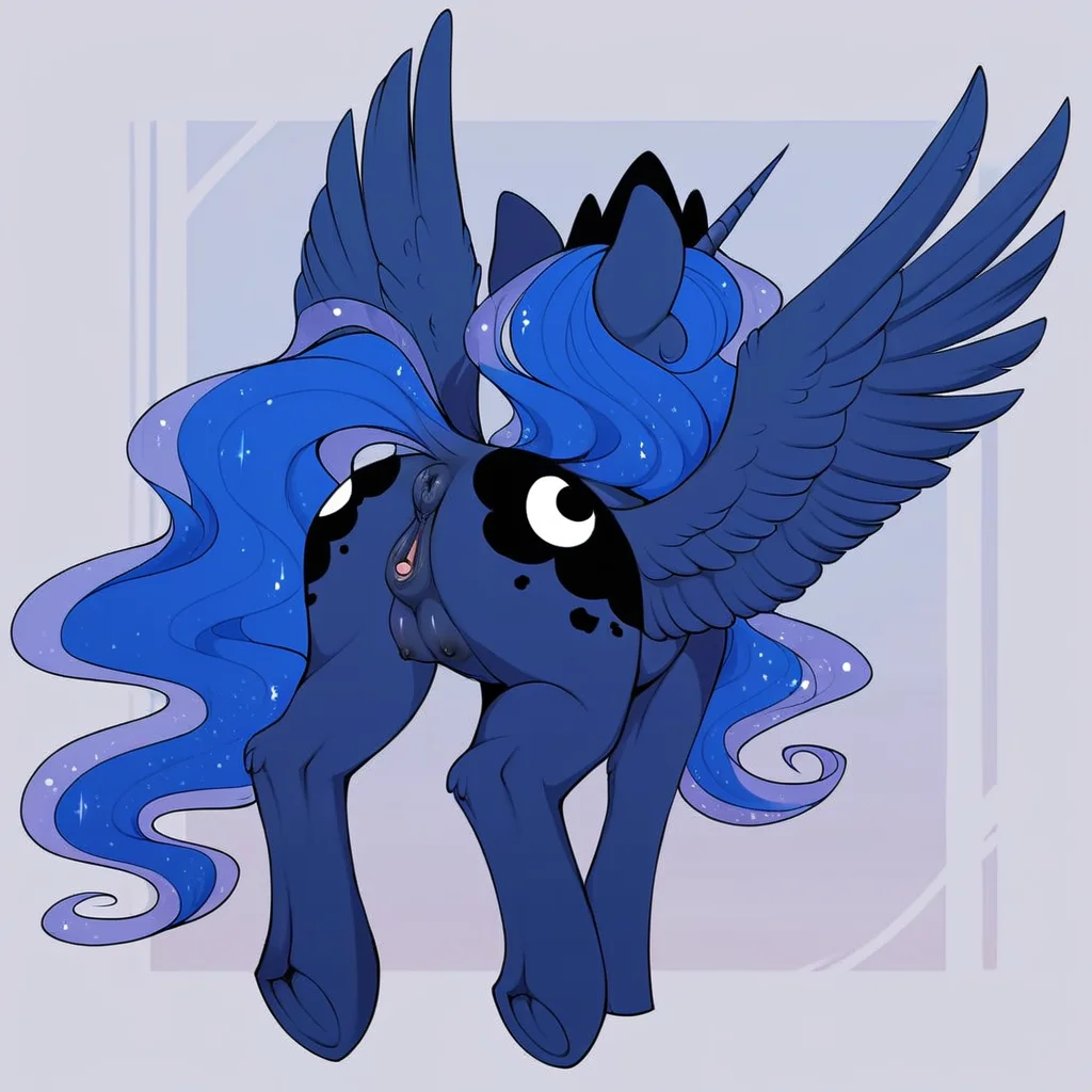 <lora:Evehly_Style_v2_PonyXL:0.75>, evehly, by evehly, score_9, score_8_up, score_7_up, score_6_up, score_5_up, score_4_up, source_furry, source_pony, source_cartoon, rating_explicit, feral, quadrupedal, princess luna, feral, alicorn, feathered wings, wings, detailed background, at school of friendship, flying, teats, rear view, from behind, ponut, anatomically correct, vulva,