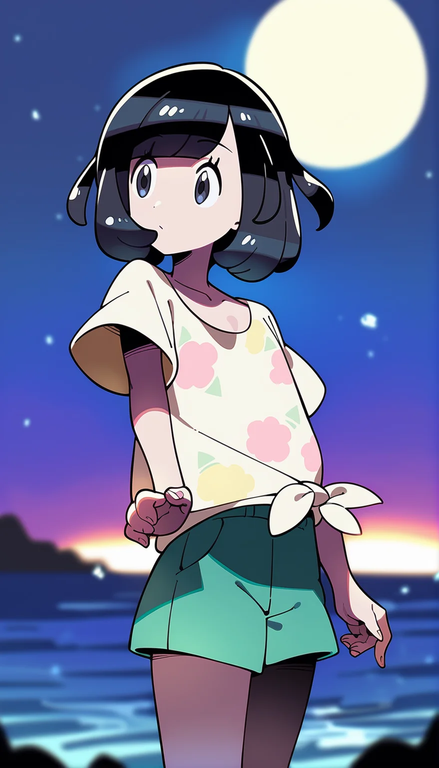 score_9,score_8_up,score_7_up,
highres,highly detailed,
<lora:selene:0.9>,pm_selene,
1girl,solo,black hair,short hair,bangs,
grey eyes,looking to the side,
yellow short sleeves shirt,collarbone,tied shirt,green shorts,
cowboy shot,
blurry background,vignetting,outdoors,sea,night,starry sky,full moon,light particles,