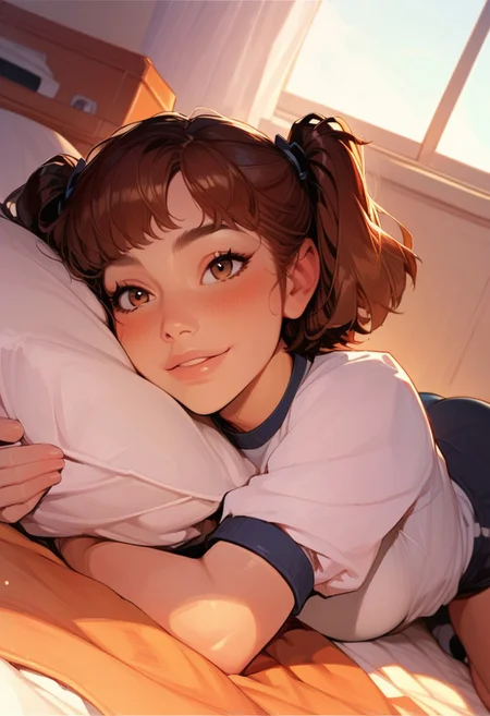 (score_9, score_8_up, score_7_up, score_6_up), dynamic angle, anime realism, UHD, beautiful, 8k, source_anime, (anime style:1.1), Semi-realism, 1girl, solo focus, disney princesses face, short hair, brown hair, brown eyes, two side up, medium breasts, on stomach, on bed, pillow hug, blush, happy, smile, gym uniform, (full body:1.2), socks, bottom up