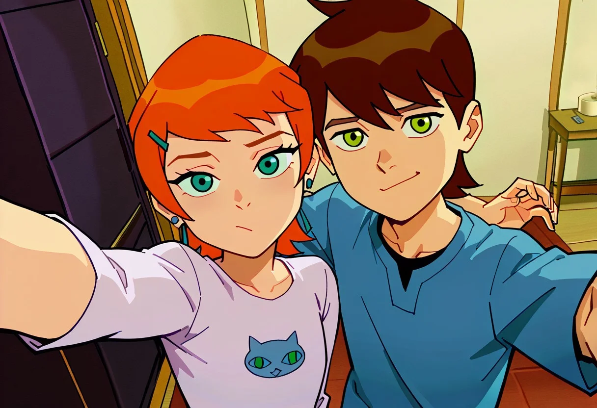 masterpiece, best quality, ben_w_gwen, (1boy, ben_t, brown hair, green eyes), break, (1girl, gwen_t, orange hair, green eyes), duo selfie pose, next to each other, in the background
