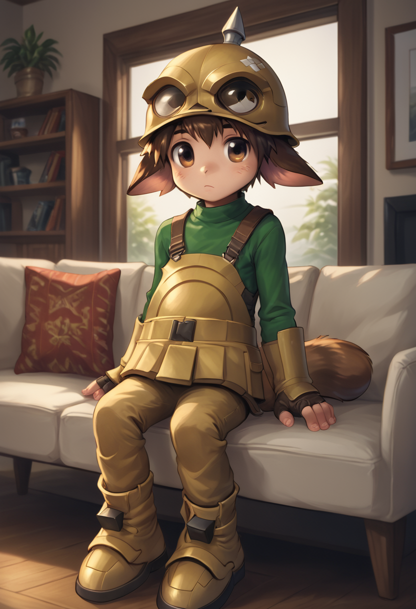 score_9, score_8_up, score_8, 
solo, sitting on couch, living room, window,   <lora:Roger_S_Huxley_Star_Ocean_for_PonyXL:0.8> 1boy, r0g3r, animal ears, young, brown hair, helmet, tail, brown eyes