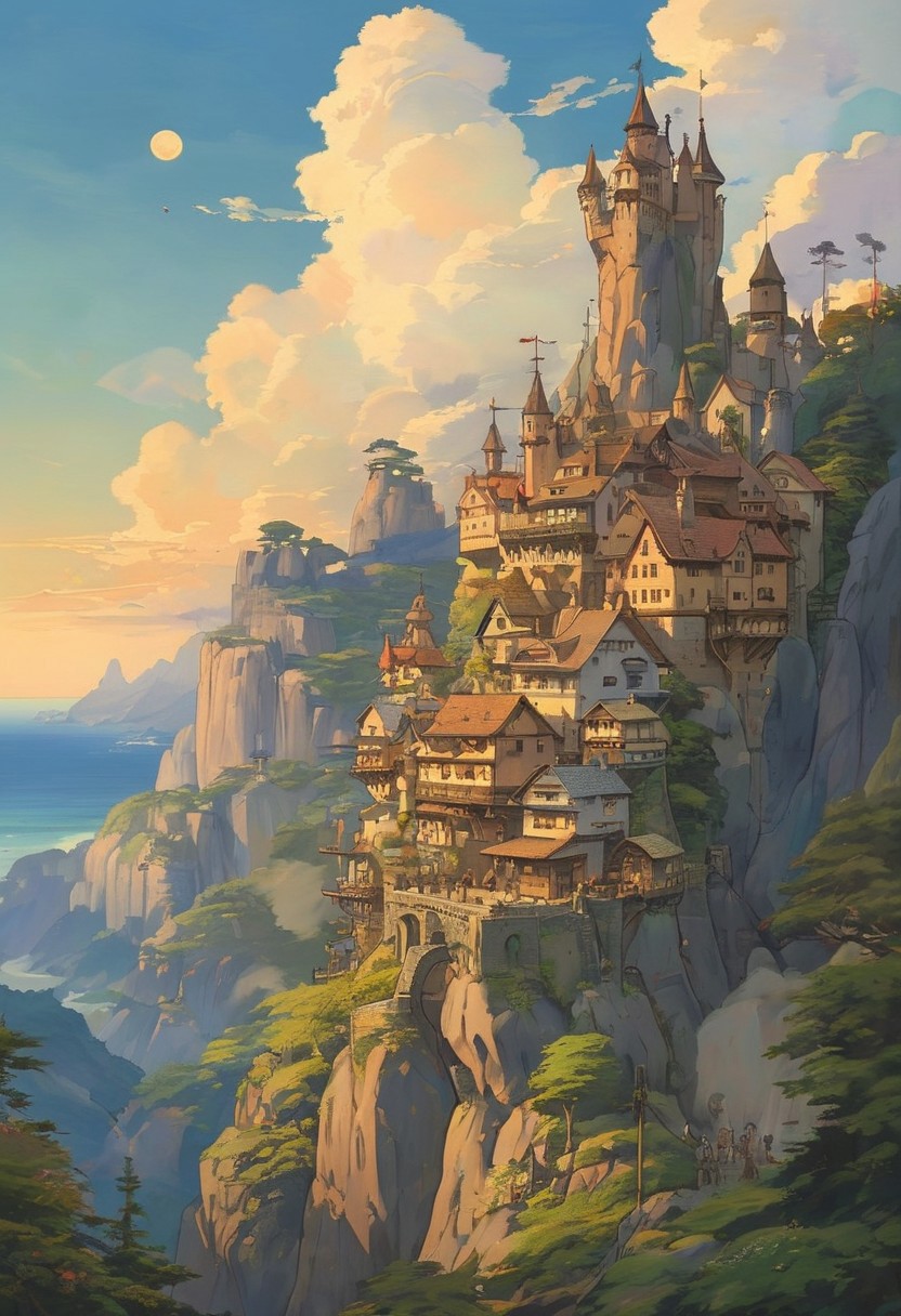 (studio ghibli drawing), (studio ghibli painting),best quality, masterpiece, extremely detailed,  professional  art,  professional painting, an extremely delicate and beautiful, dynamic,  great lighting, perfect shading, professional shading, depth of field,   side soft light, elegant, gorgeous, highly detailed,   full shot, uncropped,   pure genious, absolutely perfect,  highly detailed, breathtaking,  a giant and sheer cliff face with a town built into it, lots of different dwellings, fantasy, sunset