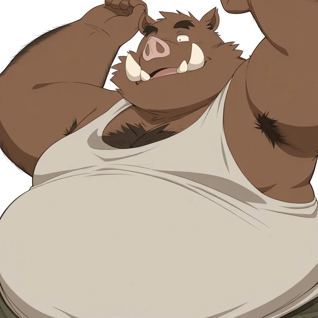 masterpiece, detailed background, best quality, absurd res, high detail, aesthetic, smooth drawing, nice tusks,
WildBoarOC, anthro male, wild boar, suine, brown fur, chest hair, hairy arms, white background, fat, overweight, tank top,  open mouth, solo,