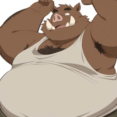 masterpiece, detailed background, best quality, absurd res, high detail, aesthetic, smooth drawing, nice tusks,
WildBoarOC, anthro male, wild boar, suine, brown fur, chest hair, hairy arms, white background, fat, overweight, tank top, open mouth, solo,
