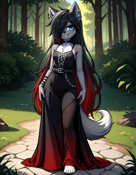 masterpiece, best quality, very aesthetic, absurdres,
outdoors,
full body, body, standing, posing,
goth fashion,
seductive smile, parted lips, long eyelashes,
<lora:Kayla_Kitsune_v01_NAIXL:1>
K41l4,1girl,solo,furry,furry female,very long hair,multicolored hair,black hair,red hair,gradient hair,hair over one eye,animal ears,earrings,blue eyes,freckles,snout,animal nose,choker,body fur,wolf tail,