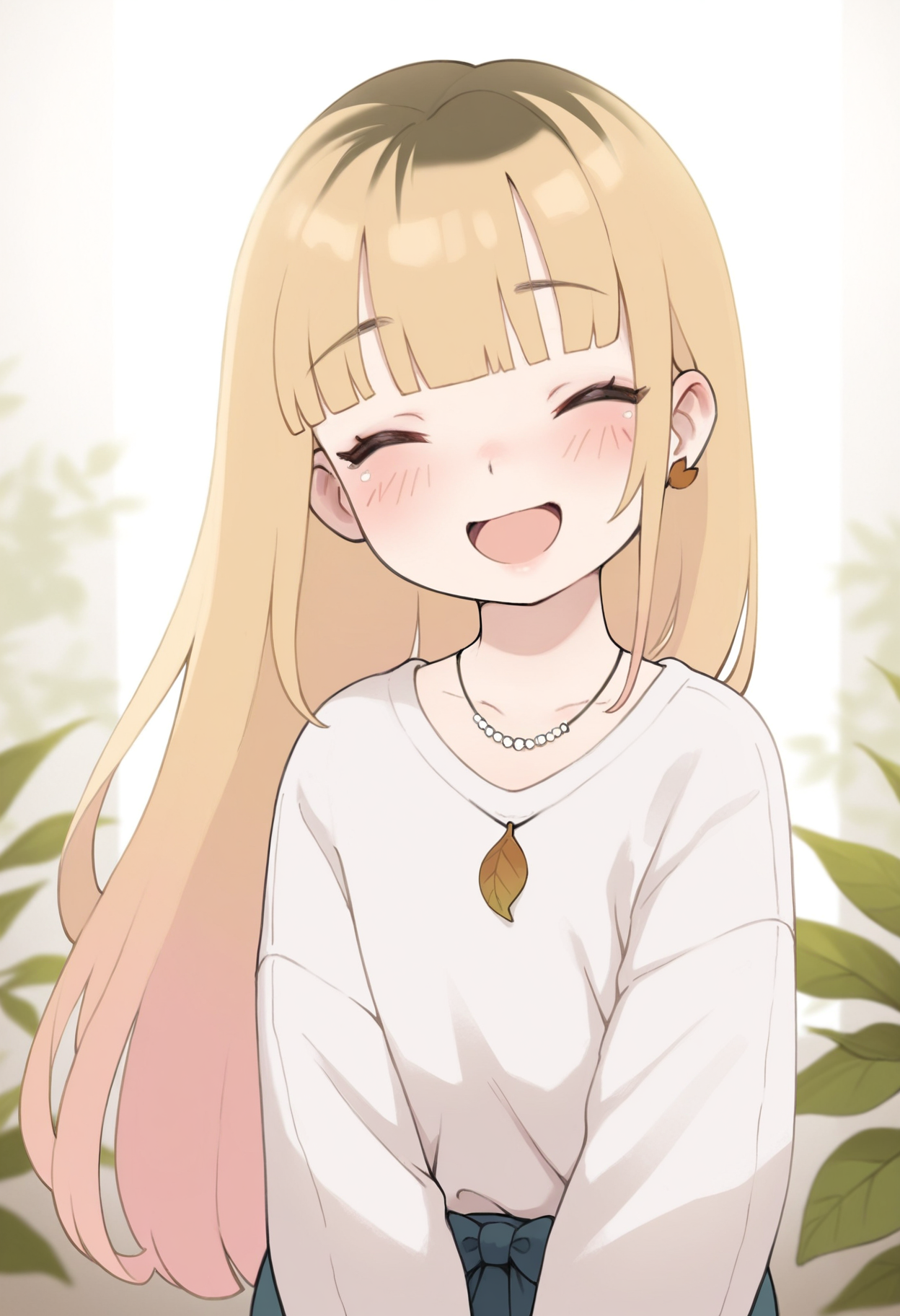 masterpiece,best quality,amazing quality,
1girl, solo, jewelry, blonde hair, closed eyes, smile, blush, multicolored hair, earrings, bangs, blunt bangs, sweater, open mouth, upper body, necklace, long hair,, ^_^, long sleeves, leaf, white sweater, bow, facing viewer,
 <lora:Qtkat:1>