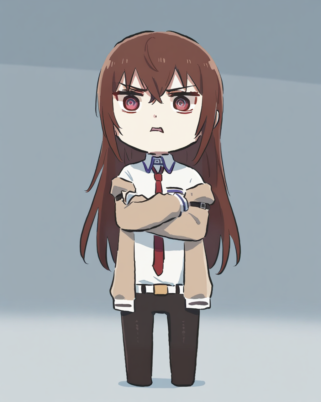 masterpiece, best quality, very aesthetic, absurdres, <lora:Xinzoruo_Shinzo_Shinkun_Style2_AnimagineXLv3-000005:1:lbw=sdxloutall> xinzoruo, chibi, full body, solo,
1girl, makise kurisu, steins;gate,
looking at viewer, disgust,