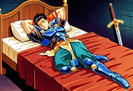 masterpiece, best quality, amazing quality, very aesthetic, absurdres, newest, 1boy, dionffl3 sleeping on a bed, black hair, muscular, spiked pauldrons, blue armor, black shirt, orange fingerless gloves, holding sword, yellow loincloth, belt, teal pants, blue greaves, looking at viewer, full body, asleep, eyes closed, hands behind head, raised arms, leg raised