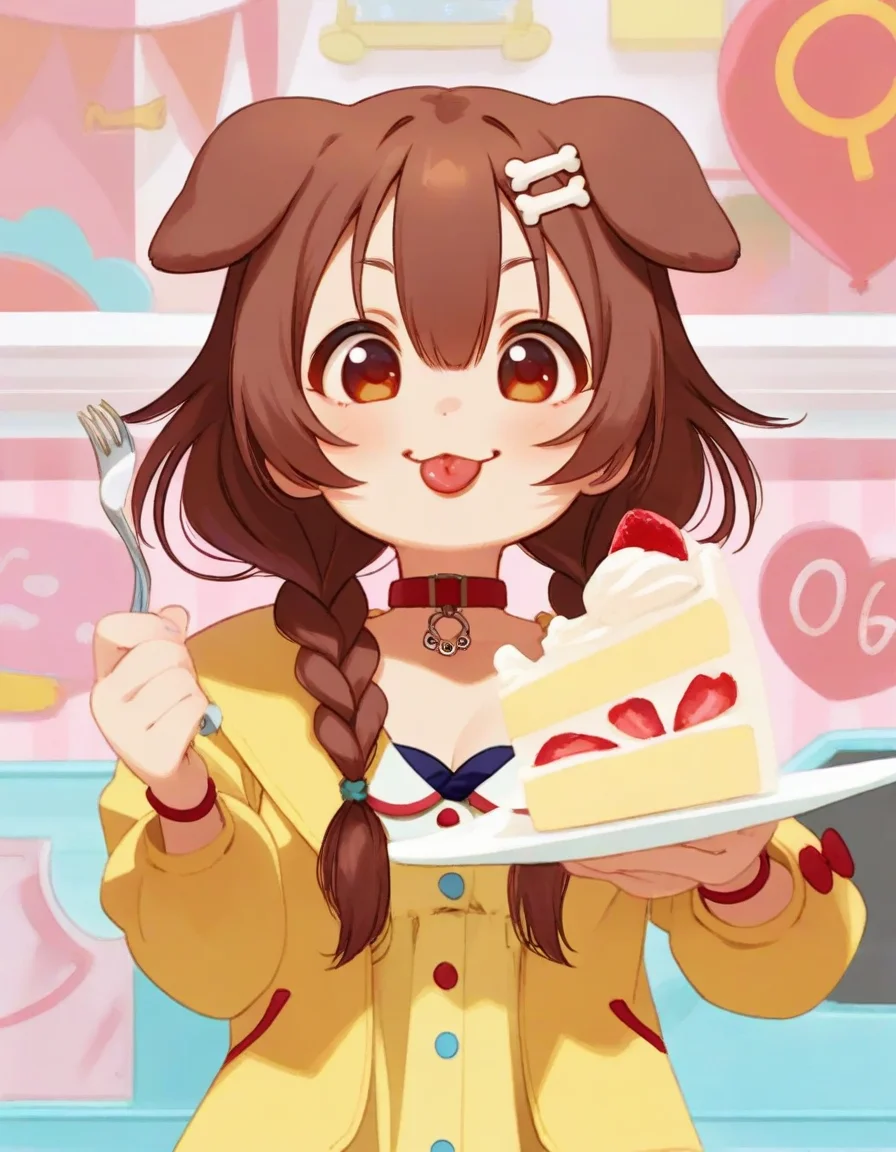 a girl holding a piece of cake, tongue out, cake slice, inugami korone, dog girl, smile, cartoon bone, :P 
,,,,,,,,,,,,,,,,,,,,,,,,,,,,,,,,,,,,,,,,,,,,,,,,,,,,,,,,,,,,,,,,,,,,,,,,,,,,,,,,,,,,,,,,,,
masterpiece, high quality, general
<lora:alkemanubis_style_illustrious01_v2-000034:1>