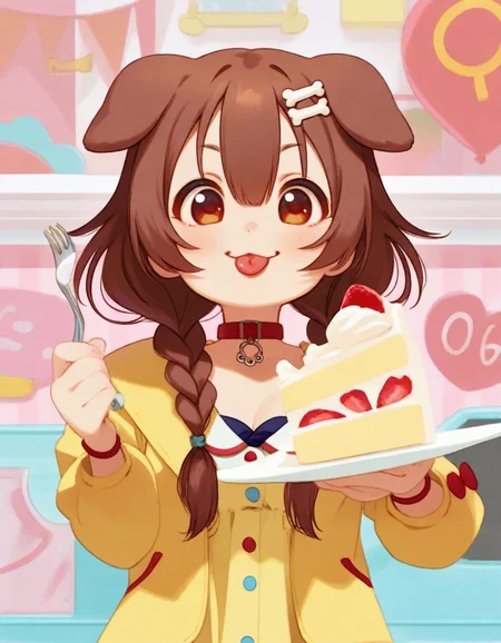 a girl holding a piece of cake, tongue out, cake slice, inugami korone, dog girl, smile, cartoon bone, :P 
,,,,,,,,,,,,,,,,,,,,,,,,,,,,,,,,,,,,,,,,,,,,,,,,,,,,,,,,,,,,,,,,,,,,,,,,,,,,,,,,,,,,,,,,,,
masterpiece, high quality, general
<lora:alkemanubis_style_illustrious01_v2-000034:1>