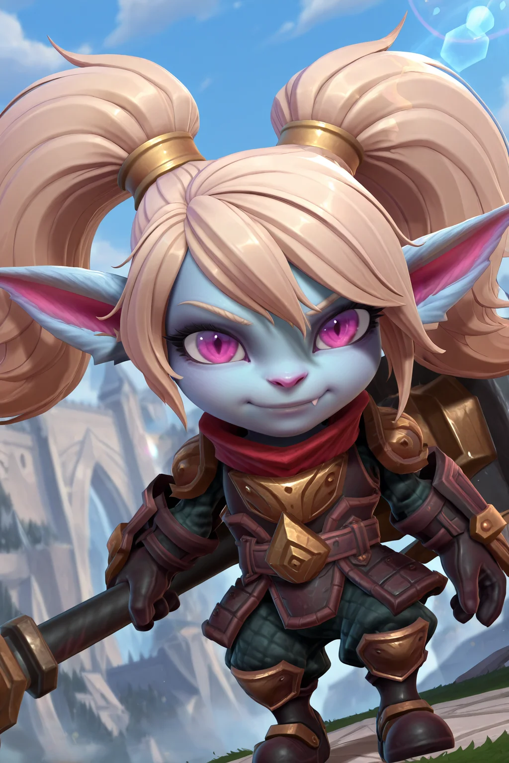 <lora:OMS_Poppy:1> 2d, anime screencap, 1girl, solo, oms_poppy, furry, yordle, big head, single fang, pink eyes, blue fur, pigtails, colored skin, pointy ears, animal ears, armor, holding, hammer,
looking at viewer, serious, smile,
amazing quality,very aesthetic,absurdres,newest, BREAK depth of field, blurry background, dutch angle, dynamic angle, white outline, lens flare,
outdoors,
standing,