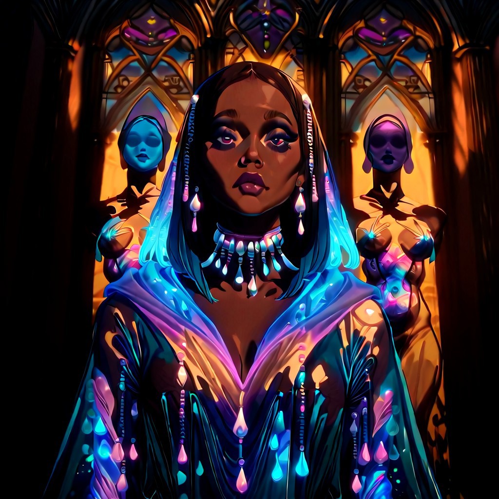 Realistic art, cinematic art, Bioluminescence translucent bodies. Everyone is wearing shattered glass Bioluminescence translucent Pearl transparent Neon robes, 32k. The ten are having a meeting with others citizens that look the woman but different colors. Five men and five women bioluminescence translucent. Model Aitubo Waifu v2 Style None LoRA SDXL Dragon Style Image Dimension 832 x 1216 Masterpiece, hyper realistic, full view, they are a bioluminescence translucent cathedral the same color as the woman robes, bioluminescent translucent pearl neon hair, detailed realistic bioluminescence translucent skin, different color women and men Bioluminescence translucent bodies.