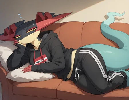 score_9, score_8_up, score_7_up, Dragapult, red wings, red claws, pokemon \(creature\), (solo), 1girl, anthro, lying on a couch, lying on side, hoodie, sweatpants, bored, black eyes, <lora:cefaa866-a58e-40ba-a219-79ab392f7d60:1.0>, <lora:4ed15a96-f705-4634-aa42-dc93d4e43363:0.8>