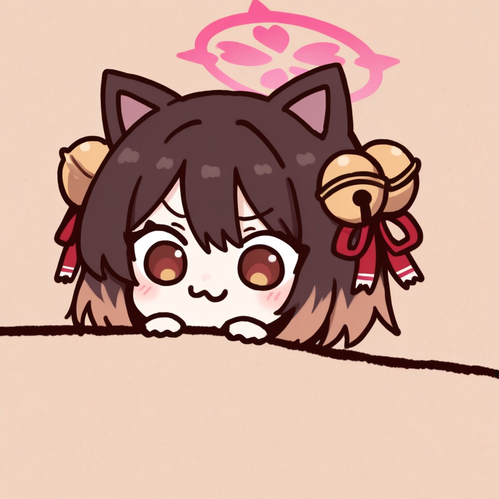 asanagi style, Ichihime, 1girl, solo, cat girl,
Ichihime, 1girl, solo, cat girl, multicolored hair, gradient hair, brown eyes, red eyes, animal ears, cat ears, hair bell, hair ribbon, tail, chibi, halo, 
(masterpiece, amazing quality, absurdres, highres, newest, very awa:1.2)